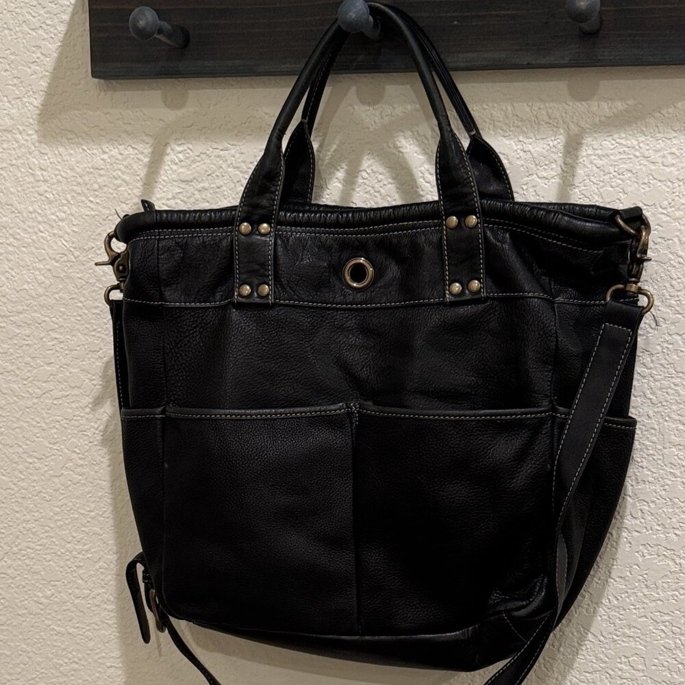 Levenger Black Leather Tote with brass hardware